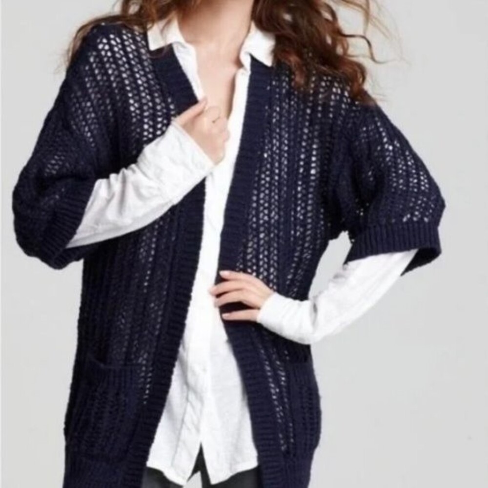 Free People Navy Blue Crochet Open Knit Chunky Short Sleeve Cardigan